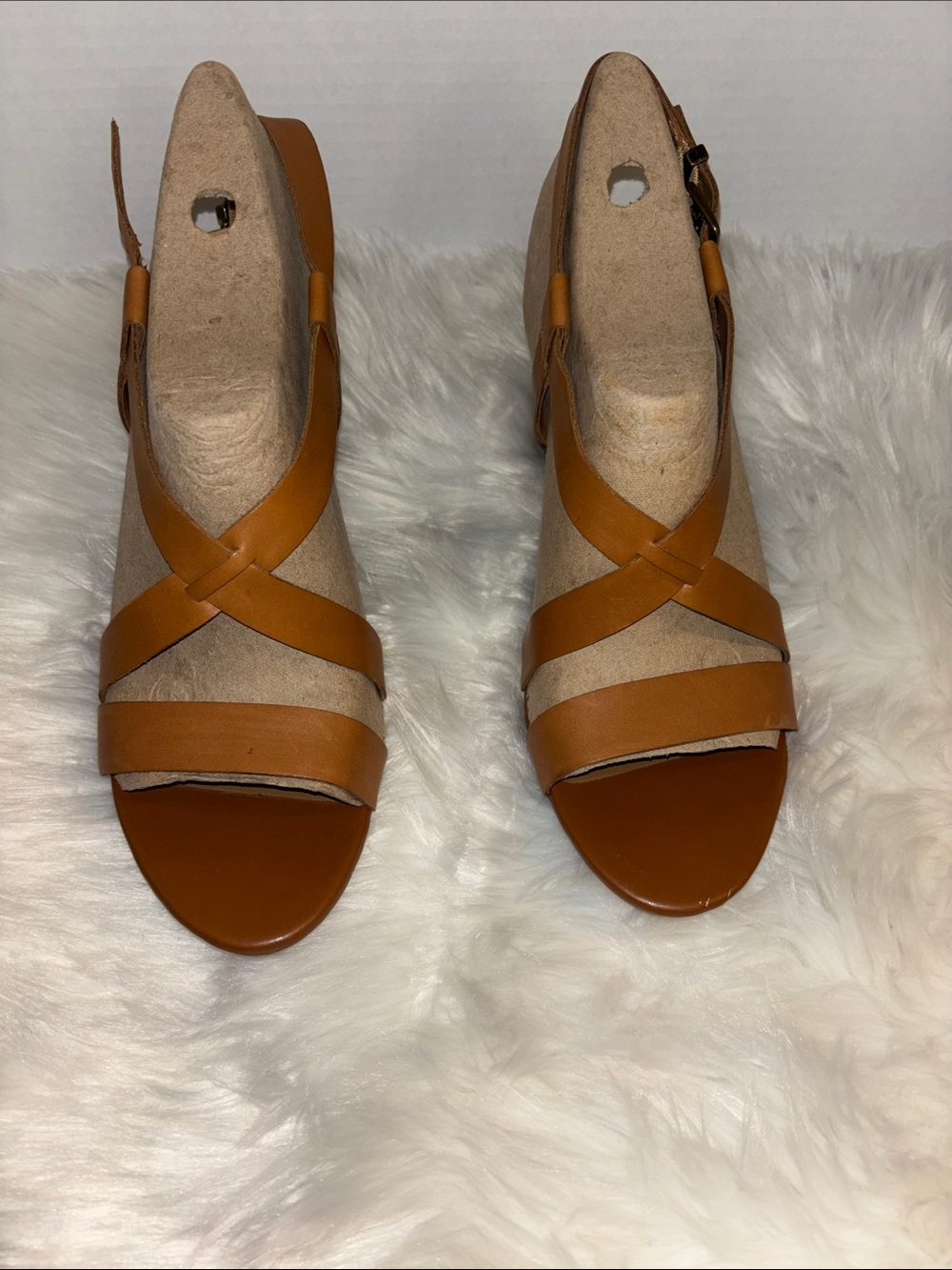 Clarks Women’s Cognac Brown Crisscross Wedge Sandals with Ankle Strap